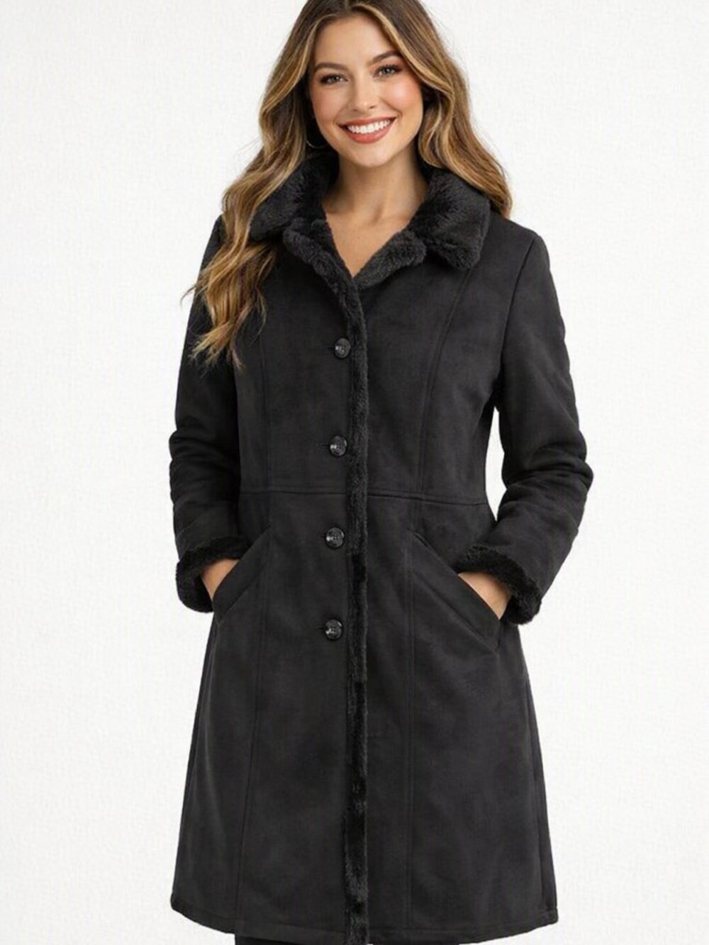 Ann Taylor Black Faux‑Suede Fur‑Trim Coat – Size S